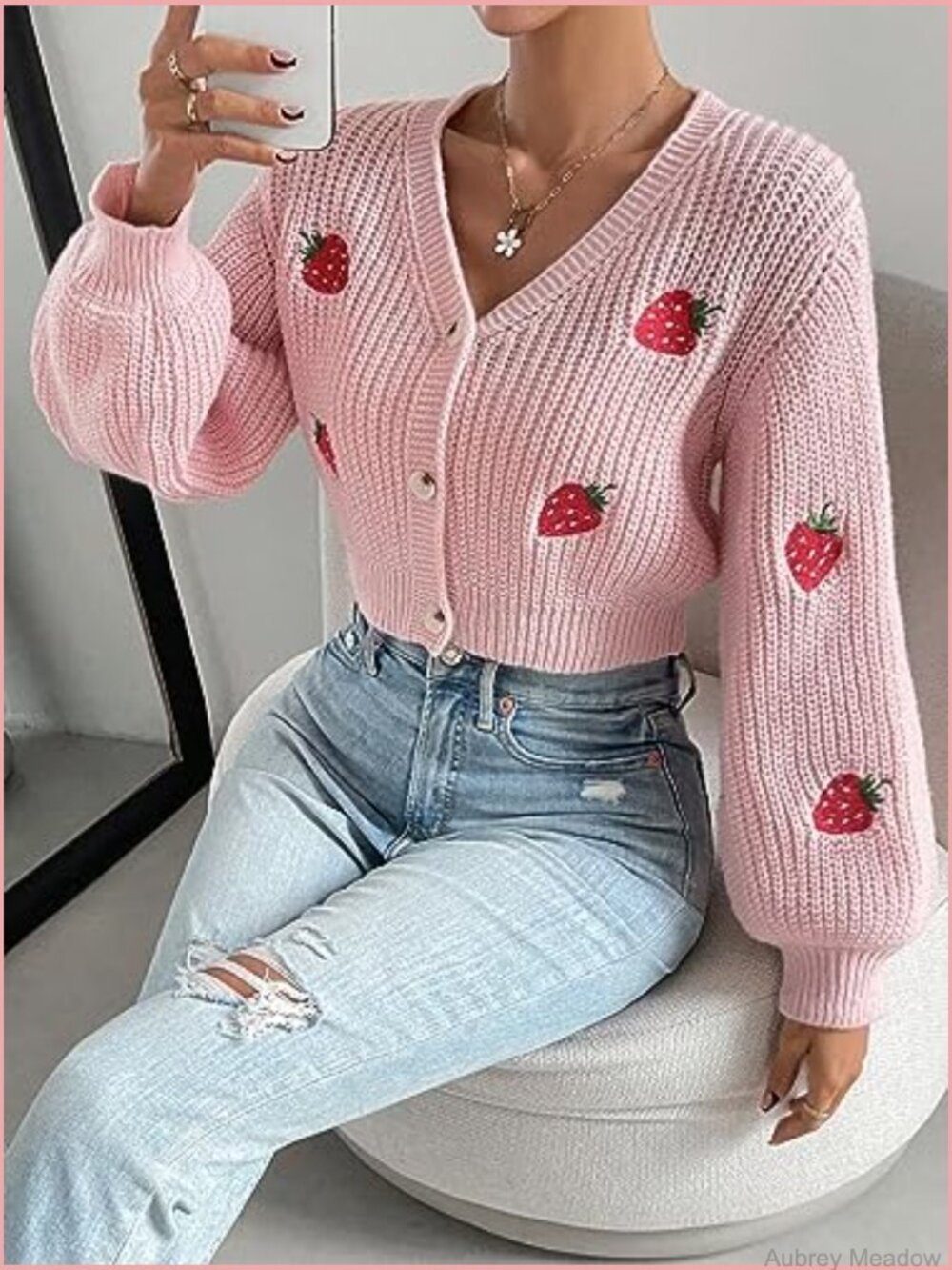 Strawberry Embroidery Crop Cardigan V Neck Button Front Drop Shoulder - Picture 3 of 7